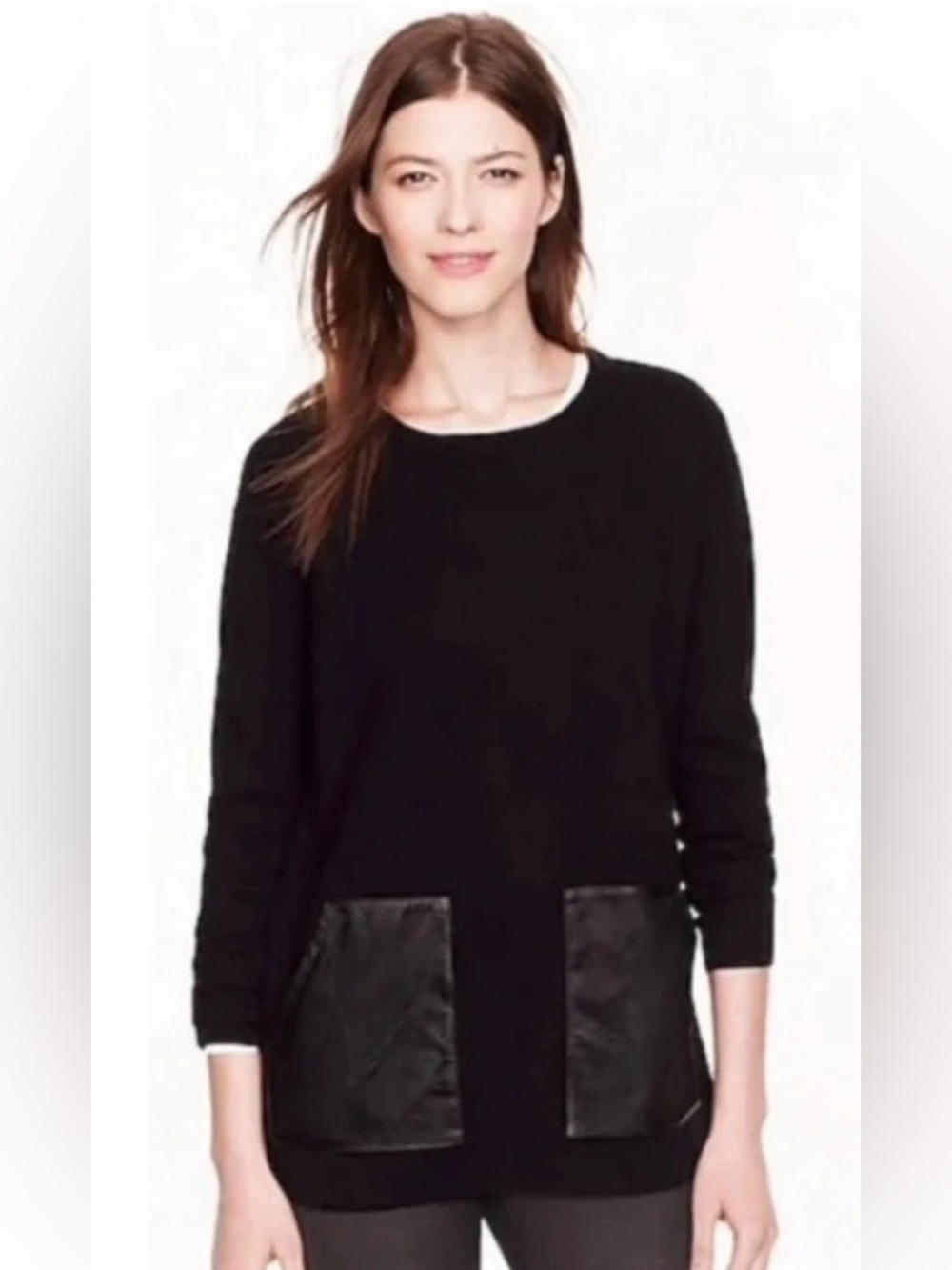 J. Crew 100% Merino Wool Black Crew Neck Sweater with Leather Pockets